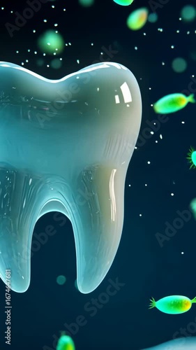 Digital tooth surrounded by bacteria particles on dark background