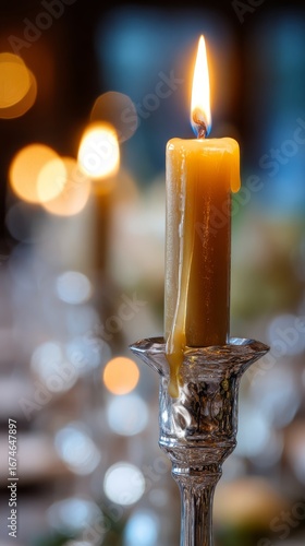 Close-up of a tall, elegant tapered candle in a silver holder, part of a festive table centerpiece.