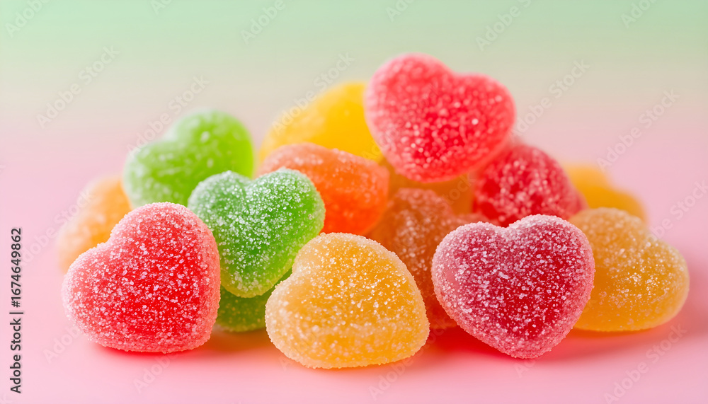Pile of heart-shaped jelly candies in various vibrant colors like red, yellow, green, and orange. Candies coated in sugar sit on pink surface Pile of heart-shaped jelly candies in various vibrant colors like red, yellow, green, and orange. Candies coated in sugar sit on pink surface