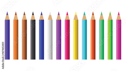 Set of colorful school and art supplies.The design shows a row of colored pencils in various colors, including black, blue, green, yellow, pink, and more.