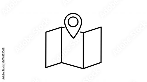 Minimalist animation of a folded map with a location marker in outline icon style. Looped motion, alfa channel, overlay, black lines, white background, navigation concept.