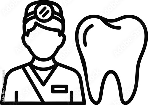 Outline illustration of a dentist with a head mirror standing next to a large molar tooth, representing dental care and oral health.