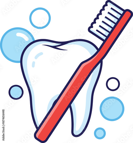 A cartoon illustration of a healthy white tooth with a red toothbrush and blue bubbles, symbolizing dental hygiene and oral care.