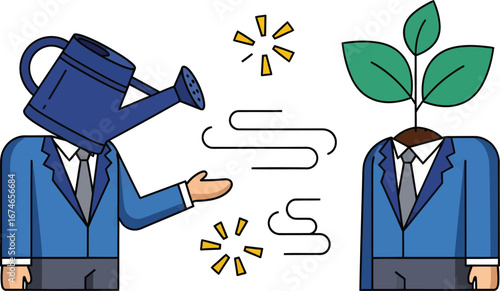 Conceptual image depicting business growth, with one figure watering another's head, symbolizing nurturing and development.