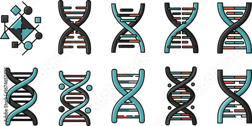 A collection of stylized DNA double helix illustrations in various color schemes and designs, alongside a geometric abstract pattern.