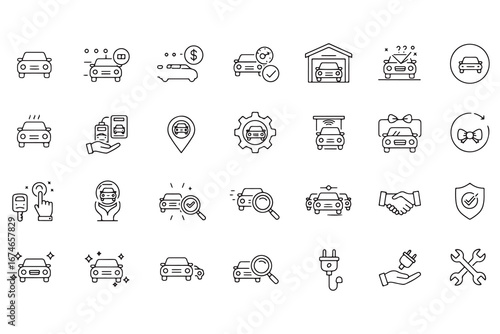 Car Service and Maintenance Icons Set Auto Repair and Vehicle Care Symbols in Outline Style Representing Car Purchase and Insurance and Automotive Technology and Garage Services and Electric Vehicles