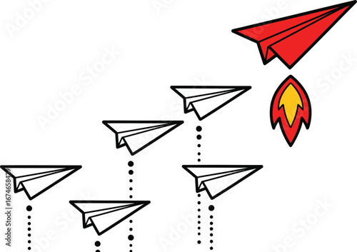A red paper airplane with a rocket booster leads a group of white planes, symbolizing leadership and innovation.