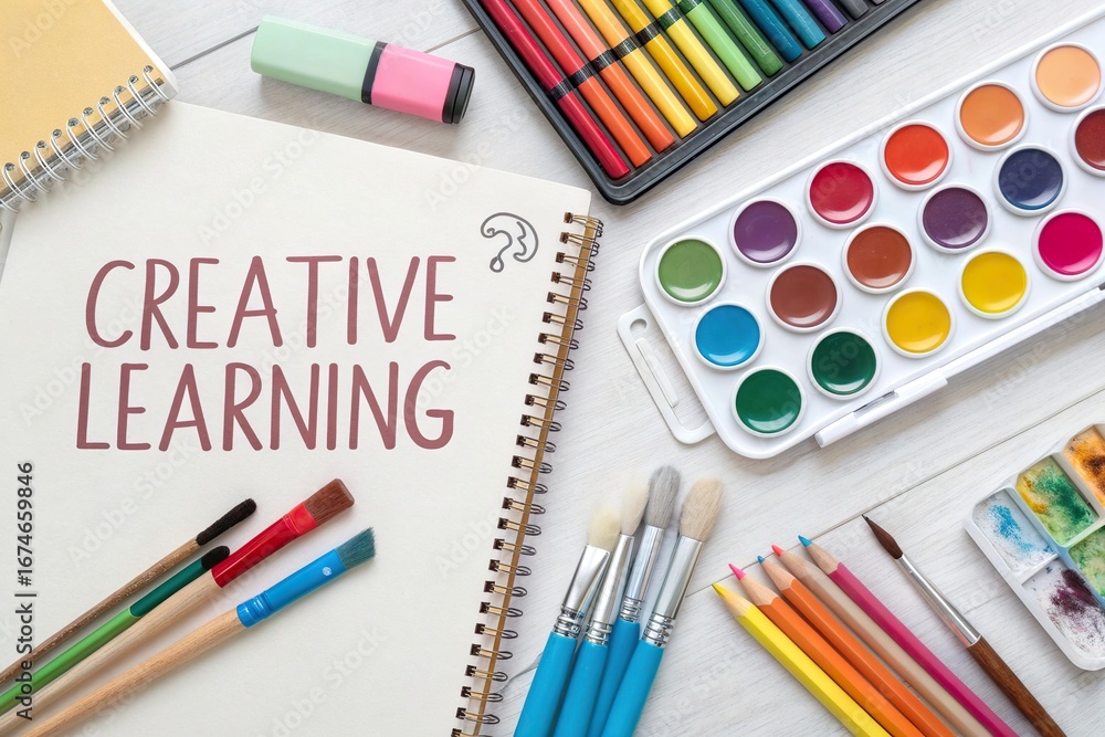 Naklejka premium Creative learning workspace with art supplies, colorful paints, and brushes on a wooden table