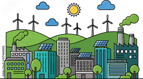 An illustration of a city blending green energy with industrial elements, featuring wind turbines, solar panels, factories, and buildings under a sunny sky.