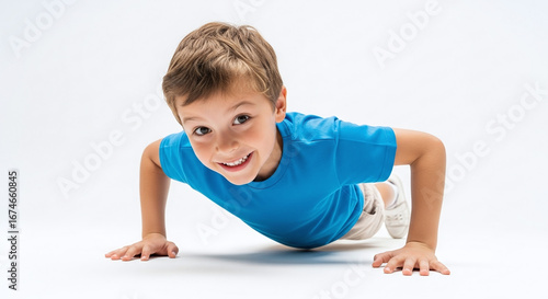 A young boy in a blue shirt doing pushups on a white background and smiling at the camera cheerfully
