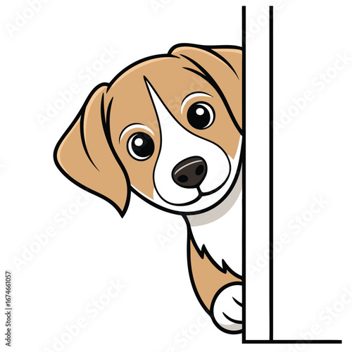 Adorable cartoon puppy peeking around a corner with big eyes and a wagging tail animal cute