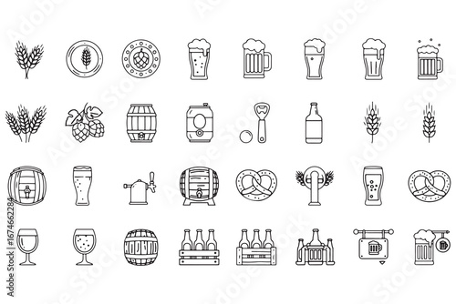 Collection of Beer Related Line Icons including Wheat Hops Pretzels and Mugs representing Brewery Culture and Oktoberfest Celebrations