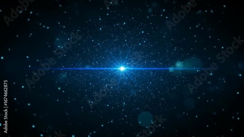 Dynamic Journey Through a Futuristic Starfield with a Bright Blue Lens Flare and Glowing Particles.
