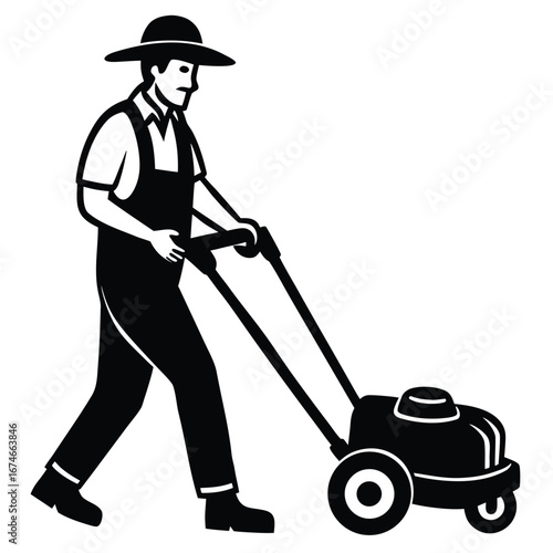 Man in Overalls and Hat Pushing a Lawn Mower person male