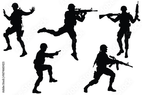 Silhouette Soldiers In Action Poses With Rifles And Pistols On White Background military army