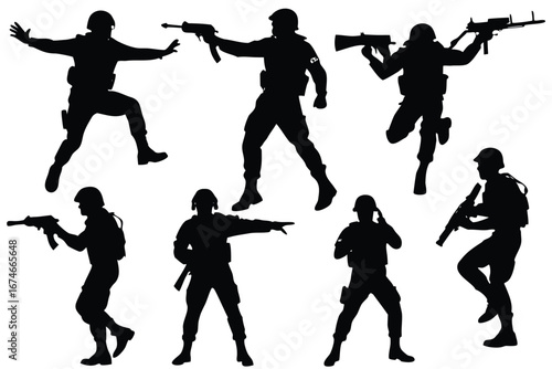 Silhouette Soldiers With Rifles And Submachine Guns In Combat Poses White Background military army