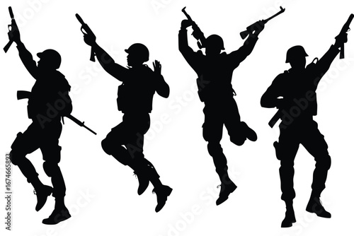 Silhouette Soldiers Jumping And Posed With Rifles And Pistols White Background military army