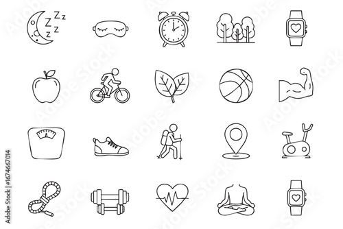 Collection of Health and Wellness Icon Set in Doodle Style Representing a Healthy Lifestyle Promoting Fitness and Wellbeing for a Balanced Life