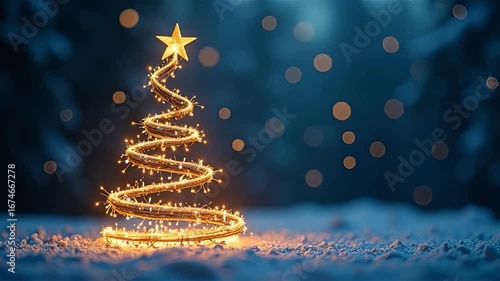 A beautiful Christmas tree design made of glowing light strings, standing in a snowy landscape at night.