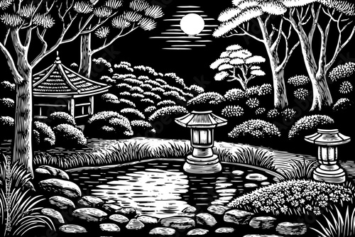 Japanese garden at night with koi pond, lanterns glowing under moonlight, peaceful trees, flowers and stone bridge black and white sketch