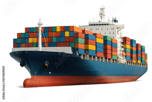 Large container ship carrying colorful cargo containers on transparent background © Tanja