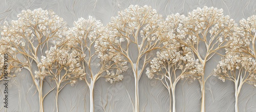 Elegant golden trees with white leaves on a textured gray background create a serene and sophisticated atmosphere