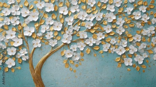 Elegant tree with white flowers and golden leaves on a textured blue background for wall art