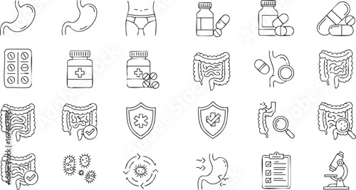 Collection of Medical Icons Representing Digestive Health and Treatment Options in Detailed Outline Style for Healthcare and Pharmaceutical Use