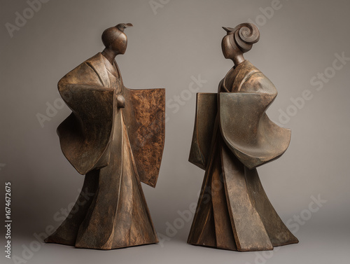 Esculturas metálicas estilizadas de figuras japonesas con vestimenta tradicional, diseño geométrico y acabado envejecido, diálogo cultural, elegancia ancestral y expresión artística en forma abstracta