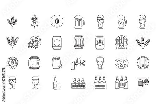 Collection of Minimalist Beer Icons Featuring Wheat Hops Mugs and Barrels Perfect for Brewery Design or Craft Beer Promotion with Clean Line Art