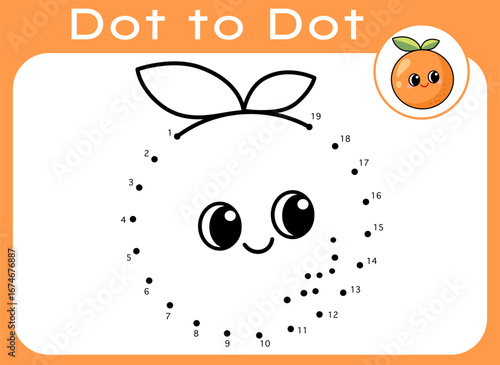 Dot-to-dot game and color activity with cartoon orange illustration. Fruit connect the dots worksheets for kids. Fruit coloring page for kids. Printable education activity. Kids learning material.	