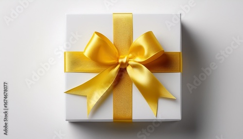 create a minimalistic and elegant image of a white gift box with a yellow ribbon bow placed against a white background