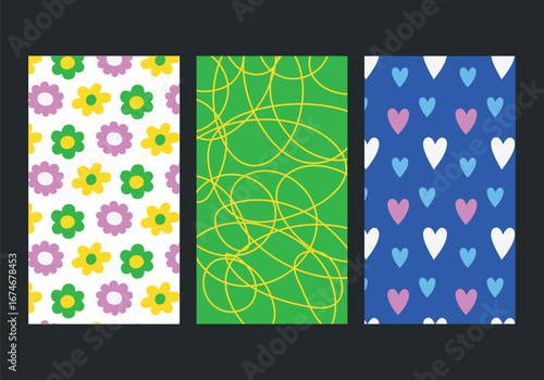 Wallpaper Mural Vector collection of patterns with colorful flowers for decoration and printing of clothes, wallpapers, printing, packaging, etc. Cute ornaments with plant motifs, hearts, geometric shapes and lines. Torontodigital.ca