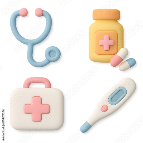 Healthcare medical icons 3D clay pastel set isolated PNG stethoscope pill bottle thermometer first aid kit transparent background