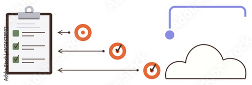 Clipboard checklist with completed tasks points to orange target markers leading to cloud storage. Ideal for productivity, organization, project planning, cloud technology, workflow management, goal