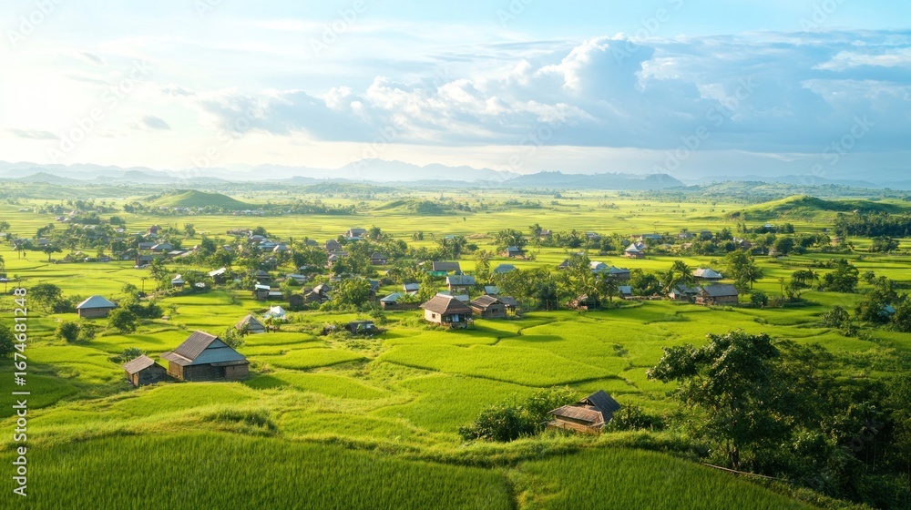 Fototapeta premium Green valley with houses under cloudy sky