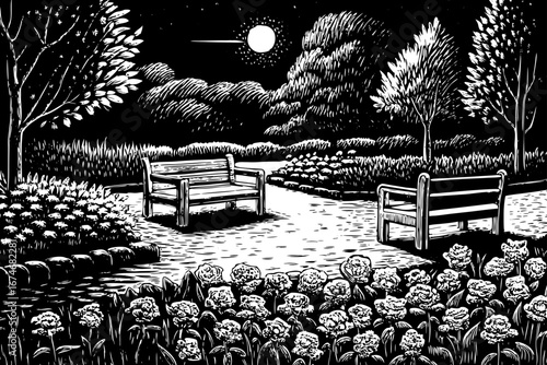 Rose garden at night under starlit sky, glowing moonlight, rustic benches, peaceful flowers and trees black and white sketch