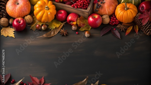 Thanksgiving harvest with pumpkins, apples, nuts, and autumn leaves on wood