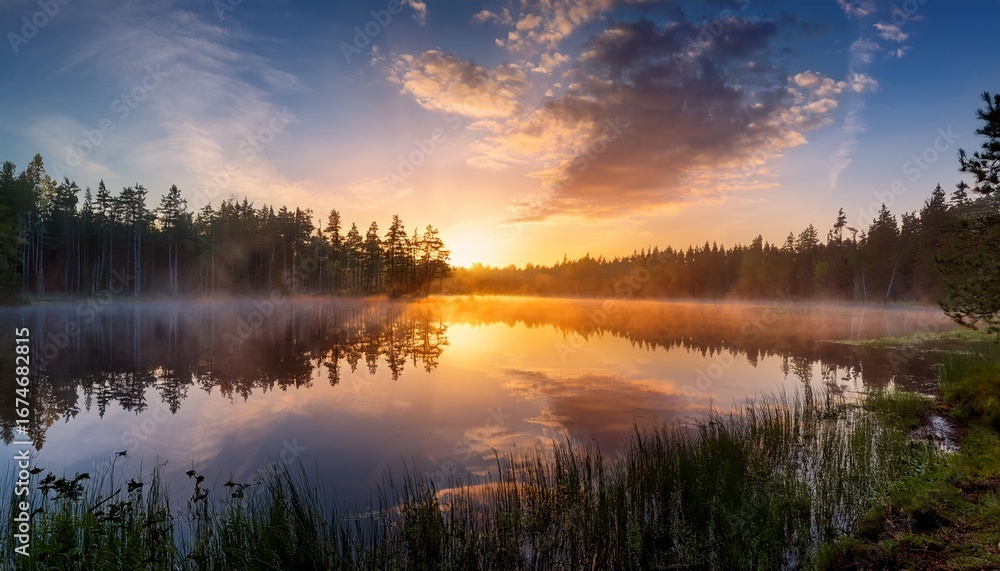 Fototapeta premium tranquil sunrise over misty forest lake reflecting vibrant sky