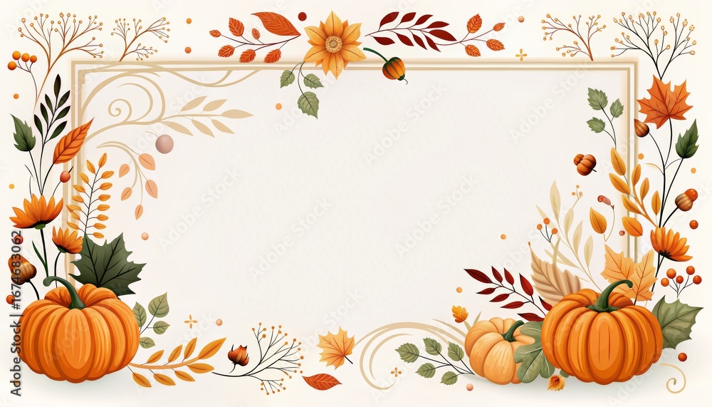 Naklejka premium Elegant autumn frame with pumpkins and floral decorations for seasonal greetings