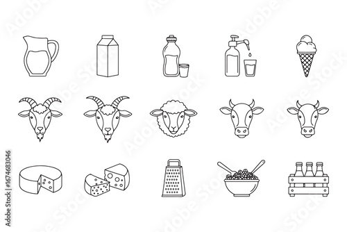 Dairy products and farm animal outline icons collection perfect for illustrating healthy eating concepts and promoting sustainable agriculture with a clean design aesthetic