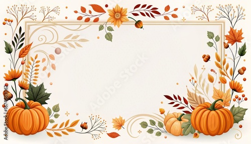 Elegant autumn frame with pumpkins and floral decorations for seasonal greetings