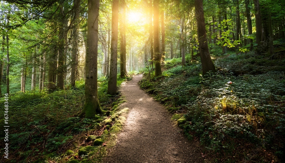 Obraz premium enchanted forest pathway with glowing lights and sunlight effects