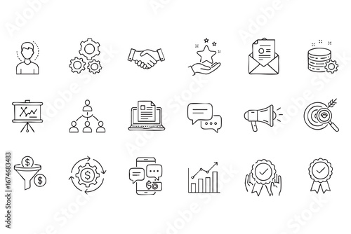 Diverse Business and Management Concepts Outlined in Simple Black and White Icons for Visual Communication and Presentations Showcasing a Variety of Strategies and Objectives