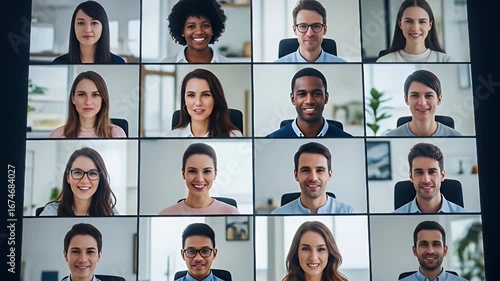 Screen shows a grid of sixteen smiling diverse people in video call