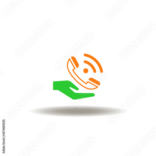 Vector illustration of hand hold handset. Symbol of support service. Icon of hotline, help call center.
