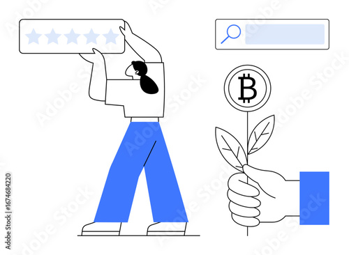 Person lifting a five-star rating block, hand holding a sprouting bitcoin plant, and a search bar. Ideal for cryptocurrency, online business, sustainability, ratings, e-commerce, finance simple