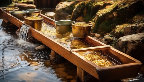 a vintage gold panning setup featuring a wooden sluice box with flowing water surrounded by buckets collecting gold flakes