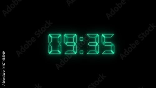 glowing neon 10 minute countdown animation from 620 seconds to 0 seconds. 10 minute countdown timer with alpha channel animation. 10 minute countdown on a transparent background