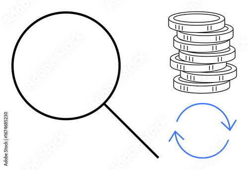 Magnifying glass focusing on stacked coins alongside circular arrows illustrating analysis, finance, and processes. Ideal for business, investment, research, growth, economy, recycling education